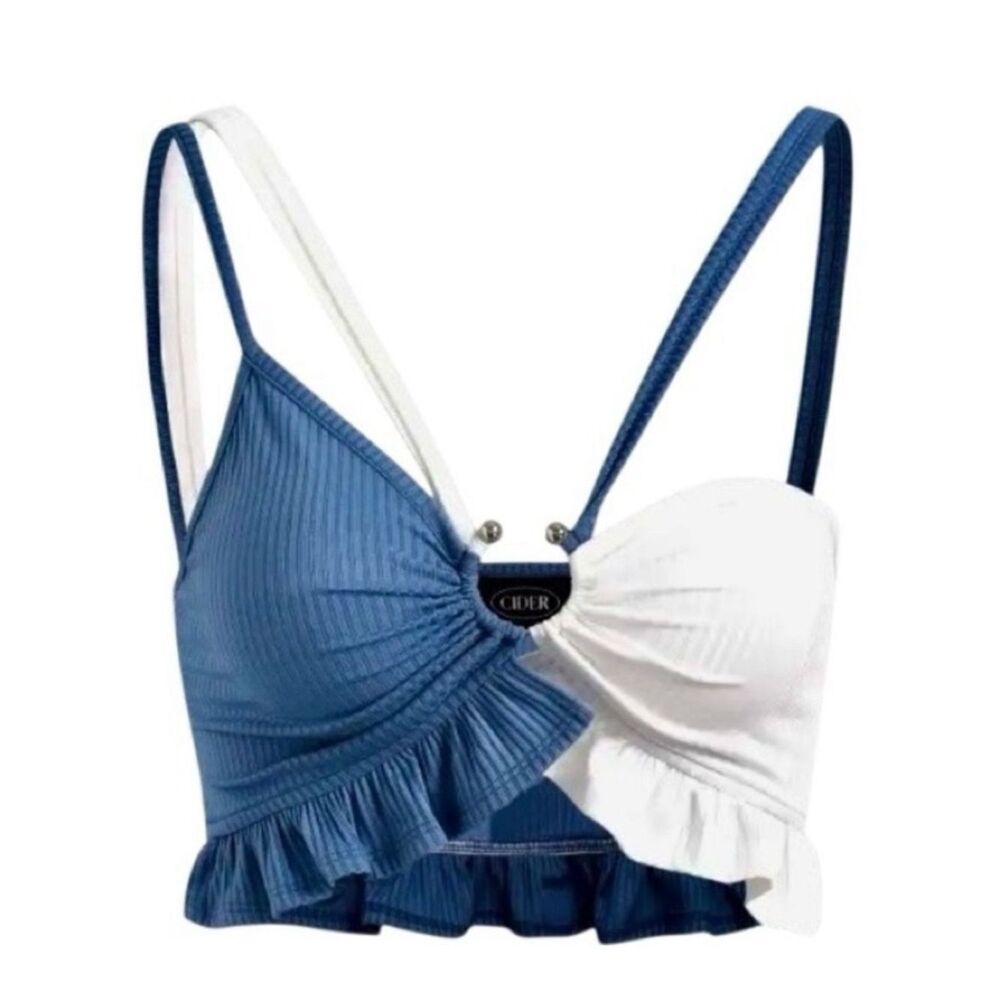Cider Ruffle Cut Out Crop Top in Blue/White Women’s S